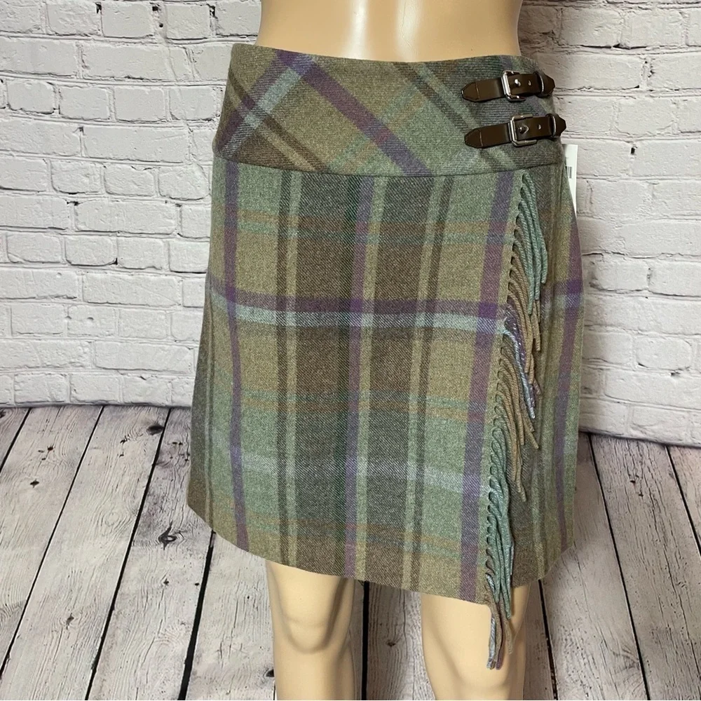 NWT New $225 Ralph Lauren Wool Plaid Fringe-Trim Tweed Mini Skirt Size 12